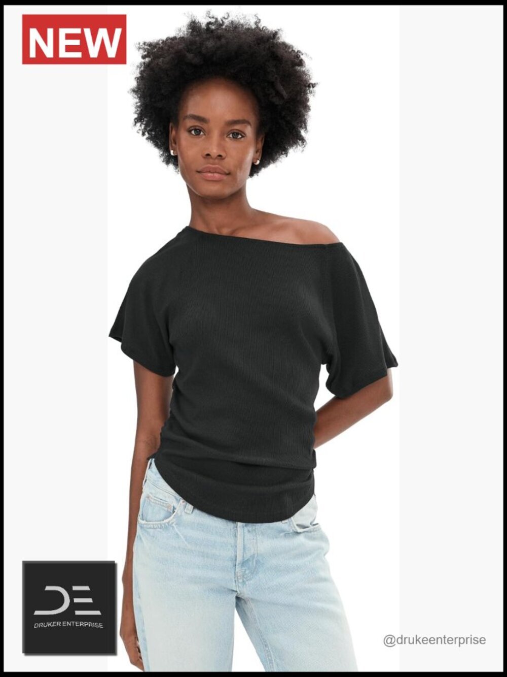Off-Shoulder Tee with Ribbed Cotton-Blend Fabric and Stirring Details